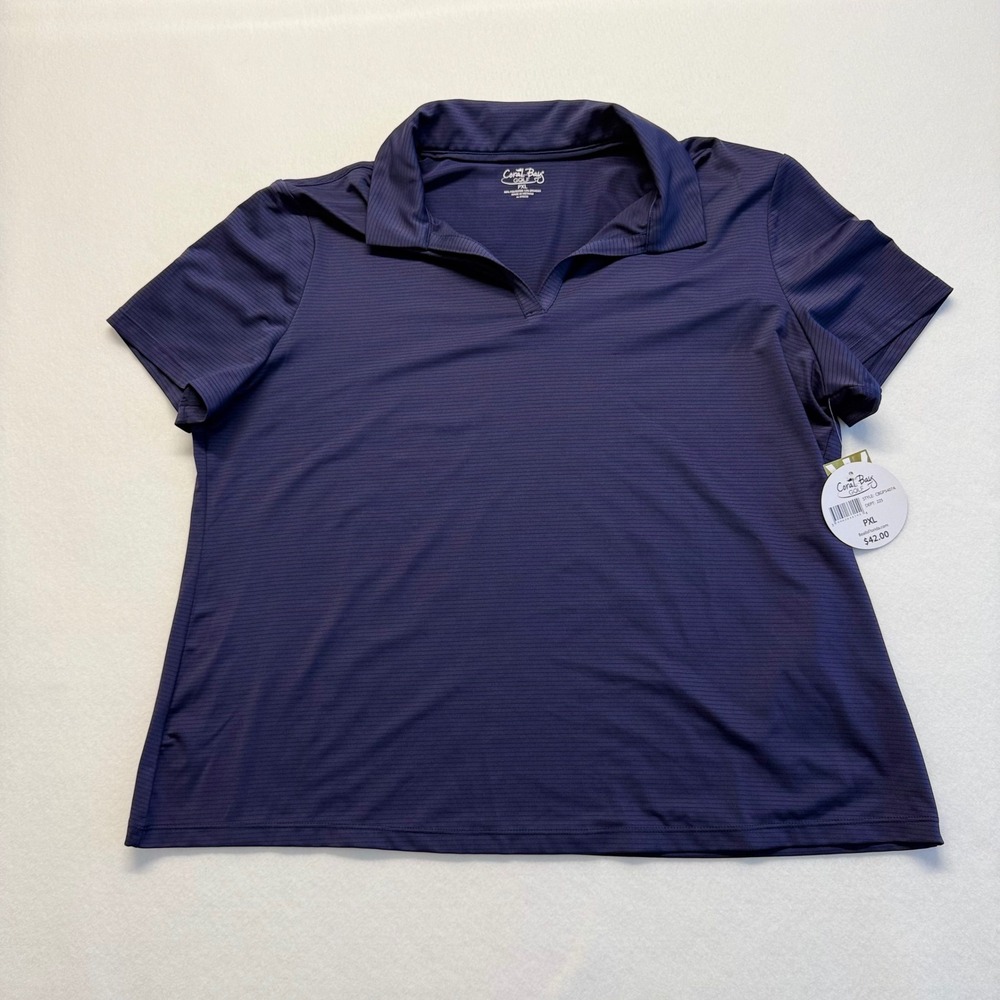 Coral Bay Golf Polo Shirt Women PXL Navy Blue New NWT UPF 50 Micro-Stripe V-Neck